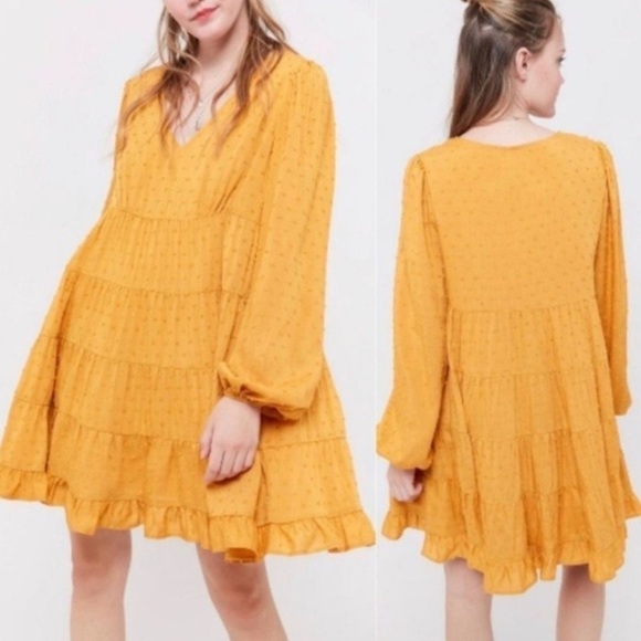 Urban Outfitters Textured Babydoll Tunic Dress Yellow Oversized Flowy Small - Picture 1 of 6